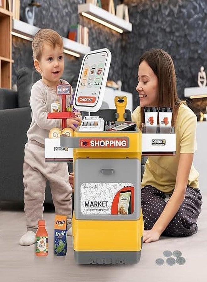 GEMCZA 48 Pcs Cash Register Playset ? Pretend Play Supermarket Toy with Scanner Lights Sounds Play Money & Food for Kids, Yellow - Image 3
